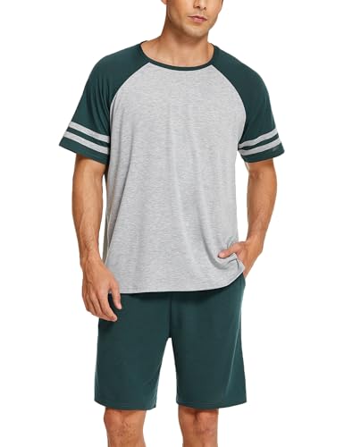 Ekouaer Herren Schlafanzug Kurz Pyjama Kurzarm T-Shirt Pyjamahose Zweiteilig Set Sommer Nightwear Kontrastfarben, Dunkelgrün S von Ekouaer