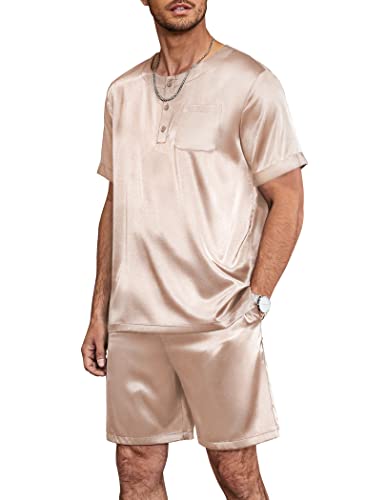 Ekouaer Herren Schlafanzug Kurz Pyjama Satin Kurzarm T-Shirt Pyjamahose Zweiteilig Set, Champagner, S von Ekouaer
