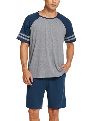 Ekouaer Herren Schlafanzug Kurz Pyjama Set Zweiteiliger Set Weich Hausanzug Rundhals T-Shirt und Schlafshorts Sommer, Dunkelblau XL von Ekouaer