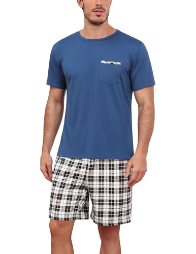 Ekouaer Herren Schlafanzug Kurz Pyjama Set mit Oberteil und kurzer Hose für Herren Weich T Shirt Shorts Freizeitanzug, Blau+Karierter, XXL von Ekouaer