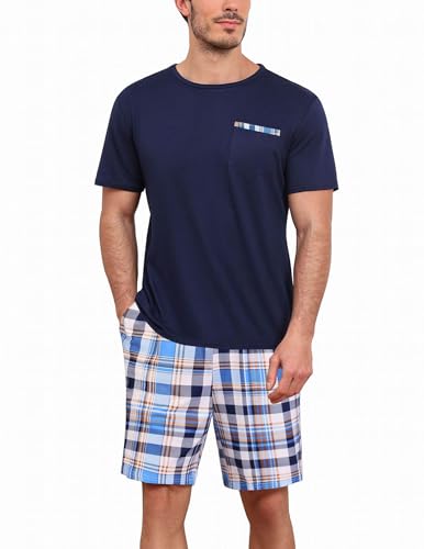 Ekouaer Herren Schlafanzug Kurz Pyjama Set mit Oberteil und kurzer Hose für Herren Weich T Shirt Shorts Freizeitanzug, Dunkelblau+Karierter, XXL von Ekouaer