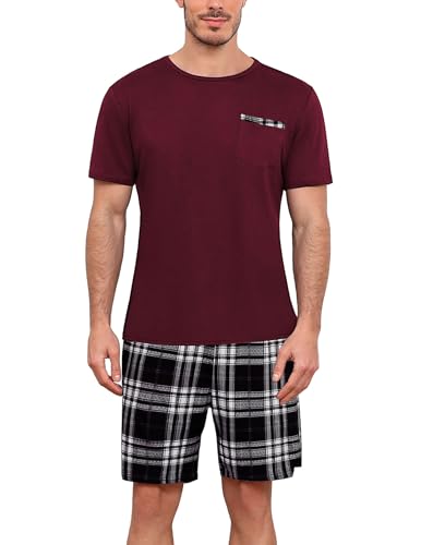 Ekouaer Herren Schlafanzug Kurz Pyjamaset Shorty T Shirt Schlafanzug Kurz Pyjama Zweiteiliges Set, Dunkelrot+Karierter, S von Ekouaer