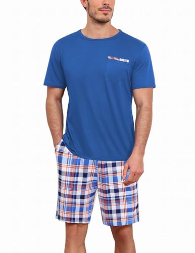 Ekouaer Schlafanzug Herren Kurz Herren Shorty Pyjama Kurz Pyjamaset Shorty T Shirt Schlafanzug Kurz Pyjama Zweiteiliges Set, Himmelblau+Karierter, S von Ekouaer