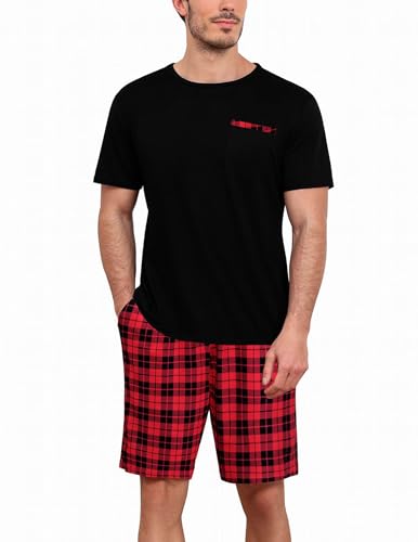 Ekouaer Herren Schlafanzug Kurz Pyjama Herren Kurz Pyjamaset Shorty T Shirt Schlafanzug Kurz Pyjama Zweiteiliges Set, Schwarz+Karierter, S von Ekouaer