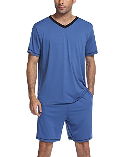 Ekouaer Herren Schlafanzug Kurz Pyjamaset Zweiteiliger Set Weich Hausanzug T-Shirt und Schlafshorts Sommer Freizeitanzug Blau XXL von Ekouaer