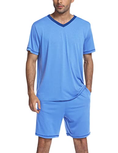 Ekouaer Herren Schlafanzug Kurz Sommer Kuzrarm Pyjama Set für Männer mit Taschen Sleepwears Hellblau L von Ekouaer