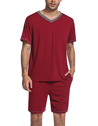 Ekouaer Herren Schlafanzug Kurz Sommer Kuzrarm Pyjama Set für Männer mit Taschen Sleepwears Rot L von Ekouaer