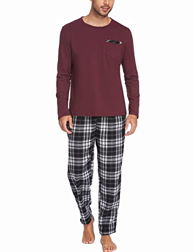 Ekouaer Herren Schlafanzug Lang Baumwolle Pyjama Langarm Shirt mit Tasche Pyjamahose Zweiteilig Set Bunt Nachtwäsche Dunkelrot S von Ekouaer