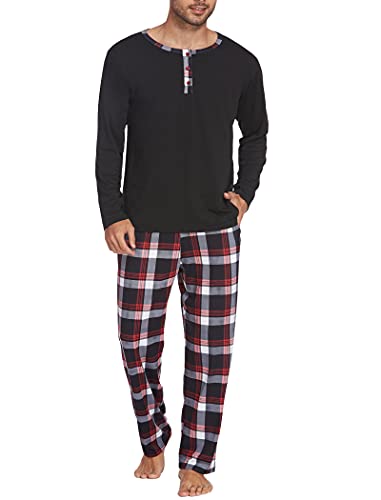 Ekouaer Herren Schlafanzug Lang Pyjama Männer Langarm Oberteil und Karierte Schlafanzughose mit Tasche Männer Pyjama Winter Sleepwear Hausanzug Schwarz XXL von Ekouaer