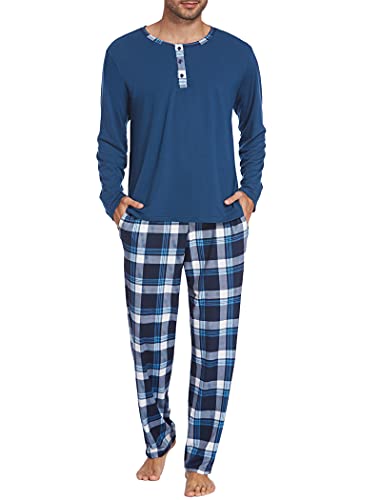 Ekouaer Herren Schlafanzug Lang Pyjama Set Zweiteiliger Schlafanzüge Männer Langarm Oberteil und Karierte Schlafanzughose mit Tasche Marineblau XXXL von Ekouaer