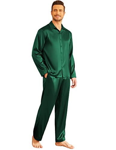 Ekouaer Herren Schlafanzug Männer Nachtwäsche Lang Satin Pyjama Set Sleepwear Hose und Tops Grün XXL von Ekouaer