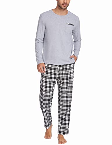 Ekouaer Herren Schlafanzug Pyjama Lang mit Bündchen Baumwolle Langarm Shirt mit Tasche Pyjamahose Zweiteilig Set Nachtwäsche Grau XXL von Ekouaer