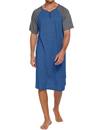Ekouaer Nachtwäsche Herren Nachthemd Kurzarm Pyjama Comfy Big & Tall Henley Sleep Shirt M-XXXL, Blau mit Dunkelgrau, L von Ekouaer