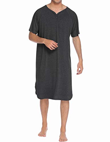 Ekouaer Nachtwäsche Herren Nachthemd Kurzarm Pyjama Comfy Big & Tall Henley Sleep Shirt M-XXXL, grau dunkel, X-Large von Ekouaer