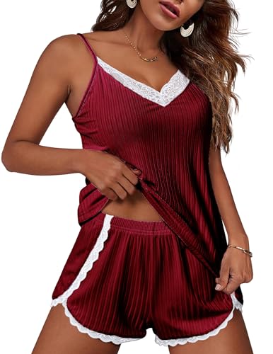 Ekouaer Negligee Sexy Schlafanzug Damen Pyjama Set Kurz Nachtwäsche Ärmellos Top und Shorts mit Spaghettiträger Shorty, Weinrot, XL von Ekouaer