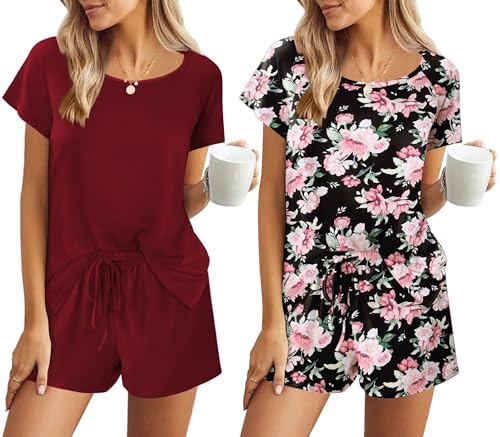 Ekouaer Nightwear Set Damen Kurzarm 2er Pack Schlafanzug Rundhals Damen-Shorty-Pyjama Bequem Kurz Loungewear Stilvoll Zweiteiliger, Weinrot+Blumen1, XXL Ekouaer Nightwear Set Damen Kurzarm 2er Pack Schlafanzug Rundhals Damen-Shorty-Pyjama Bequem Kurz Loungewear Stilvoll Zweiteiliger, Weinrot+Blumen1, XXL von Ekouaer