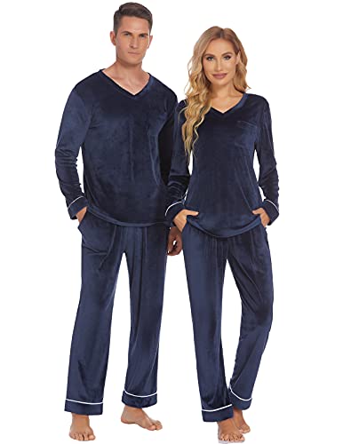 Ekouaer Paar-Pyjama-Set, Samt, für Damen und Herren, langärmelig, Nachtwäsche, S-XXL, Navy, Medium von Ekouaer