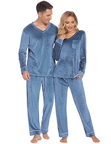 Ekouaer Paare, passendes Pyjama-Set, Samt, für Damen und Herren, Velours, langärmelig, Nachtwäsche, S-XXL, Blau, M von Ekouaer