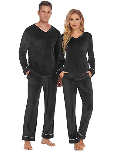 Ekouaer Paare, passendes Pyjama-Set, Samt, für Damen und Herren, Velours, langärmelig, Nachtwäsche, S-XXL, Schwarz, M von Ekouaer