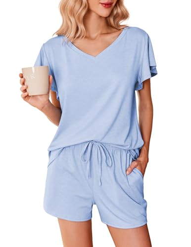 Ekouaer Damen Pyjama Kurz Schlafanzug Damen Kurz V Ausschnitt Zweiteiliger Nachtwäsche Shorty Loungewear Sleepwear für Sommer Hellblau XXL Ekouaer Damen Pyjama Kurz Schlafanzug Damen Kurz V Ausschnitt Zweiteiliger Nachtwäsche Shorty Loungewear Sleepwear für Sommer Hellblau XXL von Ekouaer