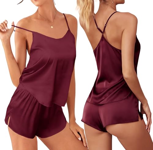 Ekouaer Pyjama für Damen, sexy Dessous, Satin, Nachtwäsche, Seide, Cami-Shorts, weiches Schlaf-Pyjama, 2-teilig, Nachtwäsche, Geschenk, Weinrot, S von Ekouaer