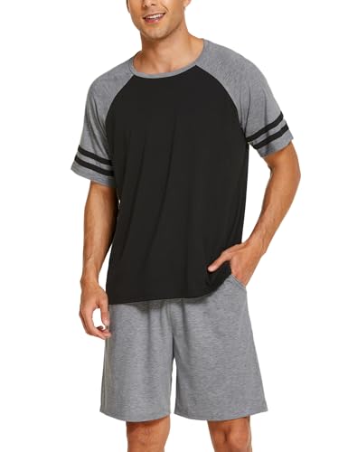 Ekouaer Pyjama Herren Kurz Schlafanzug Kurzarm Nachtwäsche Nightwear Set Rundhals T-Shirt und Shorts Sommer, Grau Schwarz M von Ekouaer