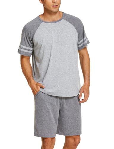 Ekouaer Pyjama Herren Kurz Schlafanzug Kurzarm Nachtwäsche Nightwear Set Rundhals T-Shirt und Shorts Sommer, Grau XL von Ekouaer