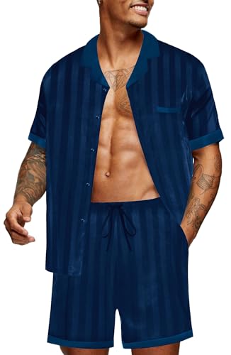 Ekouaer Pyjama Herren Schlafanzug Satin Umlegekragen Nachtwäsche Kurz Shorty Set Sommer Männer mit Knopfleiste, Blau-Gestreift, L von Ekouaer