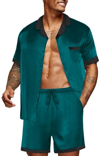 Ekouaer Pyjama Herren Schlafanzug Satin Umlegekragen Nachtwäsche Kurz Shorty Set Sommer Männer mit Knopfleiste, Grün, L von Ekouaer