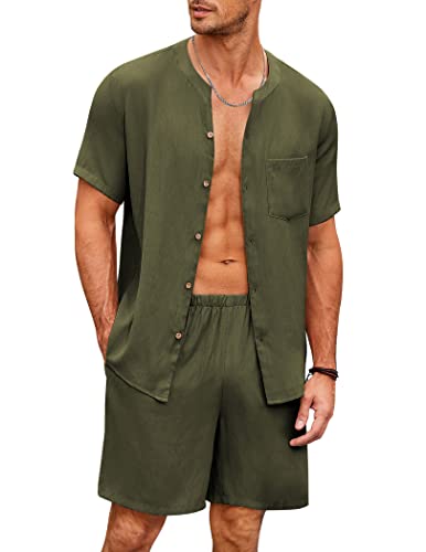 Ekouaer Pyjama Herren Set Kurz Schlafanzug Baumwolle Nachtwäsche Knöpfe Hausanzug Sommer Rundhals Kurzhose, Armeegrün, L von Ekouaer