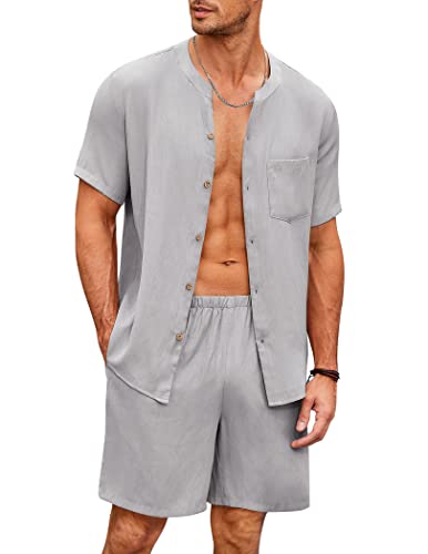 Ekouaer Pyjama Herren Set Kurz Schlafanzug Baumwolle Nachtwäsche Knöpfe Hausanzug Sommer Rundhals Kurzhose, Grau, XXL von Ekouaer