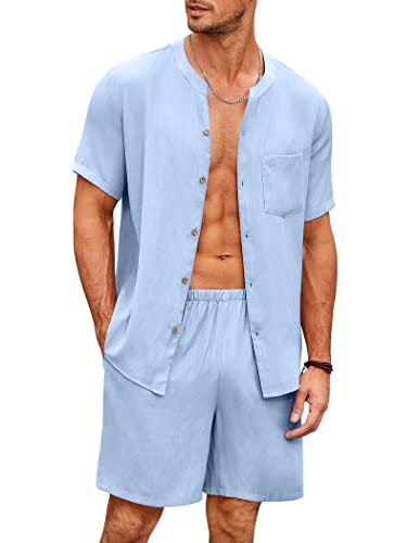 Ekouaer Pyjama Herren Set Kurz Schlafanzug Baumwolle Nachtwäsche Knöpfe Hausanzug Sommer Rundhals Kurzhose, Hellblau, XL von Ekouaer