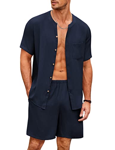 Ekouaer Pyjama Herren Set Kurz Schlafanzug Baumwolle Nachtwäsche Knöpfe Hausanzug Sommer Rundhals Kurzhose, Navyblau, L von Ekouaer