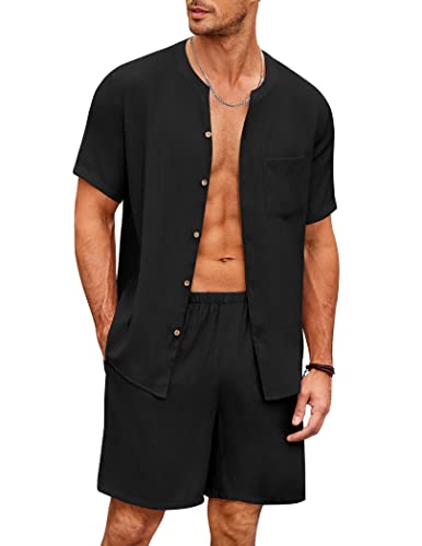 Ekouaer Pyjama Herren Set Kurz Schlafanzug Baumwolle Nachtwäsche Knöpfe Hausanzug Sommer Rundhals Kurzhose, Schwarz, M von Ekouaer