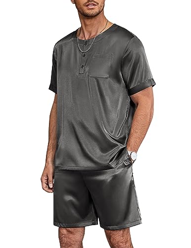 Ekouaer Pyjama Herren Set Kurz Schlafanzug Satin Nachtwäsche Knöpfe Hausanzug Sommer Rundhals Kurzhose, Dunkel Grau, L von Ekouaer