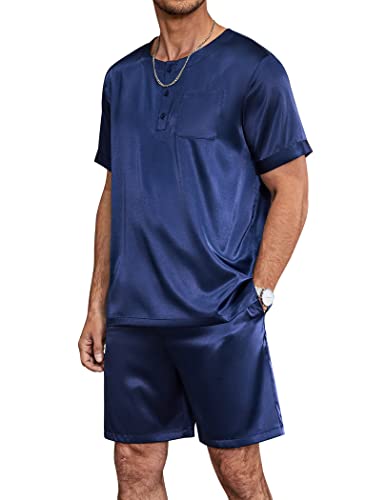 Ekouaer Pyjama Herren Set Kurz Schlafanzug Satin Nachtwäsche Knöpfe Hausanzug Sommer Rundhals Kurzhose, Navyblau, XXL von Ekouaer