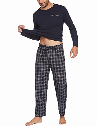 Ekouaer Pyjama Lang Herren Schlafanzug Set Baumwolle Winter Nachtwäsche Langarm Shirt mit Tasche Pyjamahose Zweiteilig Blau XL von Ekouaer