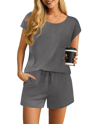 Ekouaer Pyjama Set Kurz Damen Schlafanzug Sexy Nachtwäsche Frauen mit Elastischer Bund Taschen Shorty Loungewear Sleepwear für Sommer Dunkelgrau L Ekouaer Pyjama Set Kurz Damen Schlafanzug Sexy Nachtwäsche Frauen mit Elastischer Bund Taschen Shorty Loungewear Sleepwear für Sommer Dunkelgrau L von Ekouaer