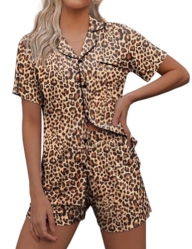 Ekouaer Pyjama-Set für Damen, kurzärmelig, Nachtwäsche, weich, Freizeitkleidung, Leopard, L von Ekouaer