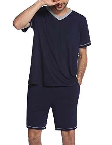 Ekouaer Pyjamas Set Herren Schlafanzug Kurz Pyjama Baumwolle Kurzarm T-Shirt Pyjamahose Zweiteilig Set Navyblau S von Ekouaer