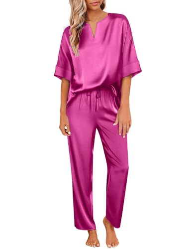 Ekouaer Satin Pyjama Damen Schlafanzug Pyjamas Set Frauen Seide Nachtwäsche Pjs Sets Sleepwear, Rose,L von Ekouaer