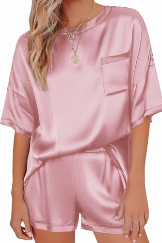 Ekouaer Schlafanzug Damen Kurz Zweiteiliger Satin Pyjama Set Kurzarm Nachtwäsche Sleepwear Hausanzug Loungewear Rosa L von Ekouaer