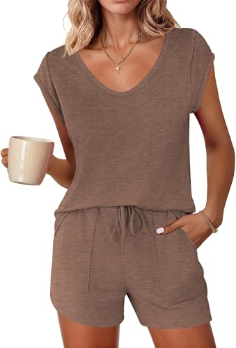 Ekouaer Damen Schlafanzug Pyjama Set Sommer Hausanzug Kurz Lounge Set Shorty Nachtwäsche Pyjama Set Braun XXL Ekouaer Damen Schlafanzug Pyjama Set Sommer Hausanzug Kurz Lounge Set Shorty Nachtwäsche Pyjama Set Braun XXL von Ekouaer