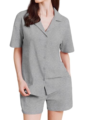 Ekouaer Schlafanzug Damen Kurzarm Pyjama Kurz Baumwolle Nachtwäsche Sommer Hausanzug Shorty, Grau XXL Ekouaer Schlafanzug Damen Kurzarm Pyjama Kurz Baumwolle Nachtwäsche Sommer Hausanzug Shorty, Grau XXL von Ekouaer