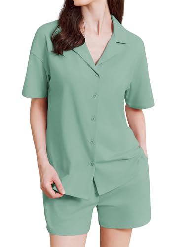 Ekouaer Pyjama Damen Sommer Schlafanzug Kurz Baumwolle Nachtwäsche Sommer Kurzarm Hausanzug, Grün S Ekouaer Pyjama Damen Sommer Schlafanzug Kurz Baumwolle Nachtwäsche Sommer Kurzarm Hausanzug, Grün S von Ekouaer