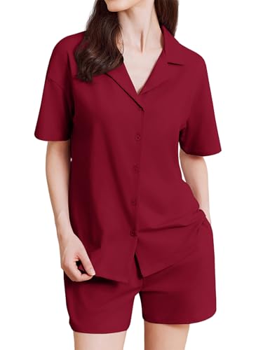 Ekouaer Pyjama Damen Kurz Schlafanzug Baumwolle Nachtwäsche Sommer Kurzarm Knöpfe Loungewear Shorty, Rot M Ekouaer Pyjama Damen Kurz Schlafanzug Baumwolle Nachtwäsche Sommer Kurzarm Knöpfe Loungewear Shorty, Rot M von Ekouaer