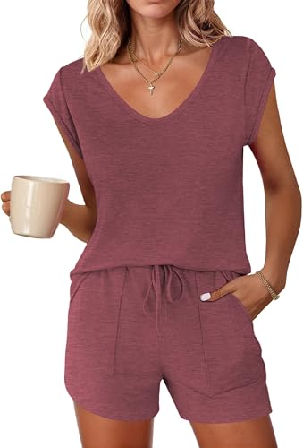 Ekouaer Schlafanzug Damen Baumwolle Pyjamas Set Ärmellos Nachtwäsche Set Zweiteiliger mit Shorty Pyjamahose und Shirt Casual Elastischer Bund Sleepwear Rot M Ekouaer Schlafanzug Damen Baumwolle Pyjamas Set Ärmellos Nachtwäsche Set Zweiteiliger mit Shorty Pyjamahose und Shirt Casual Elastischer Bund Sleepwear Rot M von Ekouaer