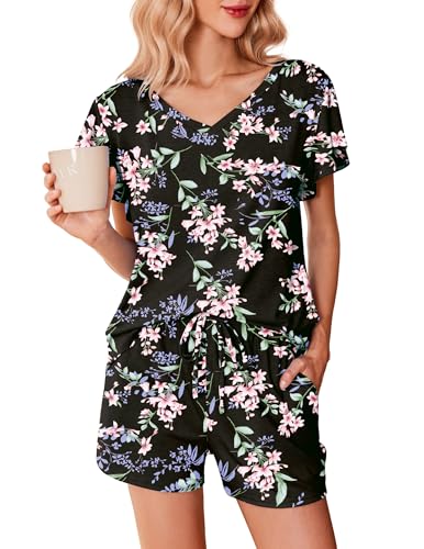 Ekouaer Schlafanzug Damen Kurz Baumwolle Pyjama Set V-Ausschnitt Zweiteiliger Nachtwäsche Shorty Loungewear Sleepwear für Sommer von Ekouaer
