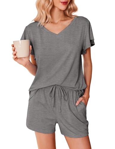 Ekouaer Schlafanzug Damen Kurz Pyjama Shorty Set Kurzarm Nachtwäsche Frauen Loungewear Zweiteiliger Schlafanzüge Sleepwear für Sommer Dunkelgrau XXL Ekouaer Schlafanzug Damen Kurz Pyjama Shorty Set Kurzarm Nachtwäsche Frauen Loungewear Zweiteiliger Schlafanzüge Sleepwear für Sommer Dunkelgrau XXL von Ekouaer