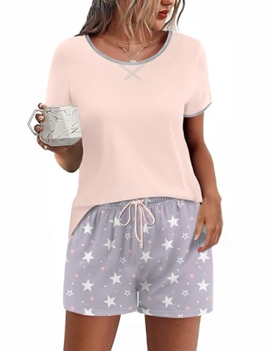 Ekouaer Schlafanzug Damen Kurz Shorty Pyjama Sets Sommer Zweiteiliger Kurzarm Nachtwäsche T Shirt mit Karierten Shorts Top und Schlafshorts,Rosa,S Ekouaer Schlafanzug Damen Kurz Shorty Pyjama Sets Sommer Zweiteiliger Kurzarm Nachtwäsche T Shirt mit Karierten Shorts Top und Schlafshorts,Rosa,S von Ekouaer